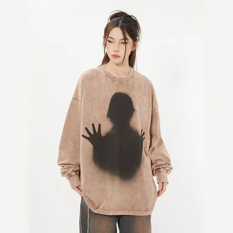 Comercio exterior hace viejas camisetas de manga larga para hombres de verano nuevo cuello redondo suelto sobretamaño americano retro in camisas de moda