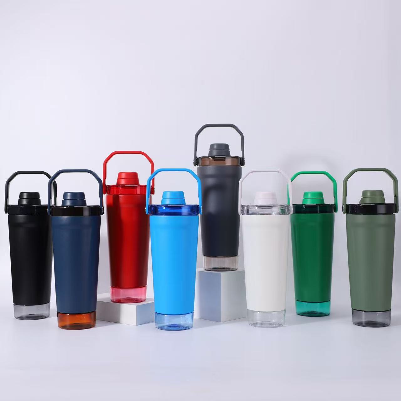 摇摇杯不锈钢双层保温杯带提手健身房蛋白粉运动壶储物大容量水杯