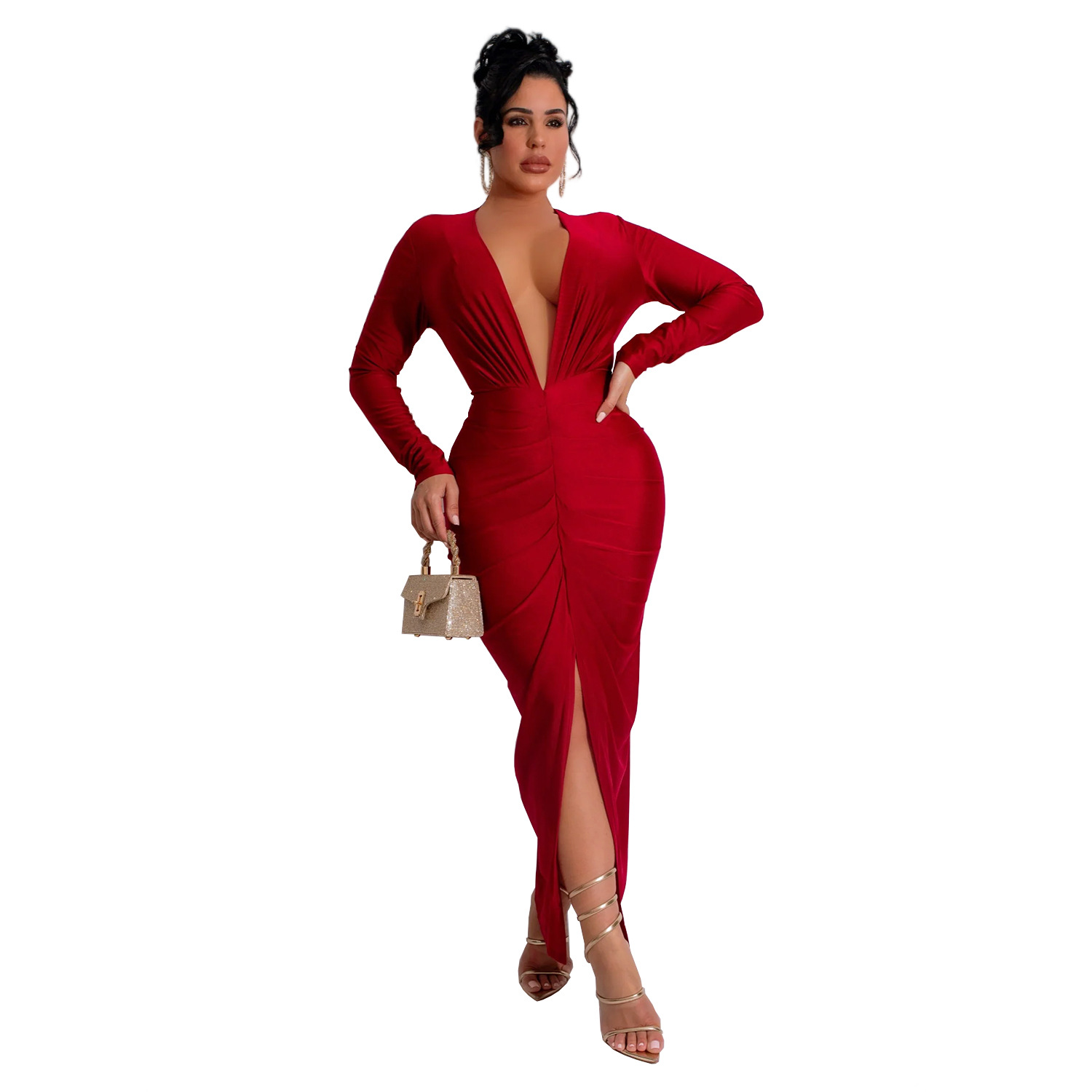 C7118 Aliexpress transfronterizo amazon moda europea y americana de mujer delgada V-collar bifurcado vestido de color sólido nuevo