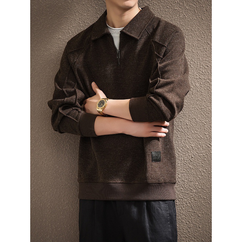 "400g heavyweight" high-end American retro half-zip collar sweatshirt for men, autumn and winter textured casual top
