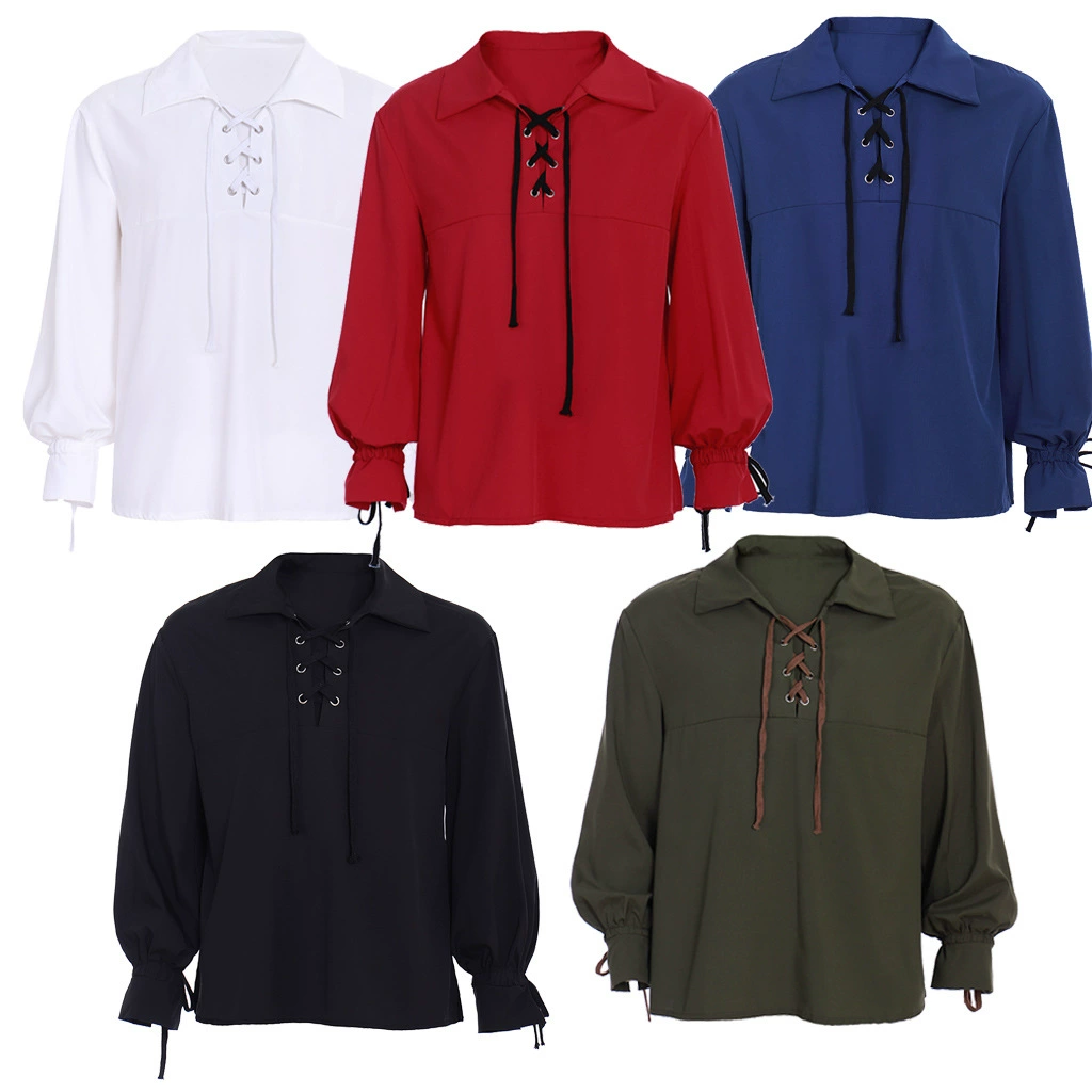 Европейская и американская средневековая рубашка в стиле ренессанса, Пиратская рубашка на шнуровке с лацканами и пышными рукавами, одежда, мужская рубашка