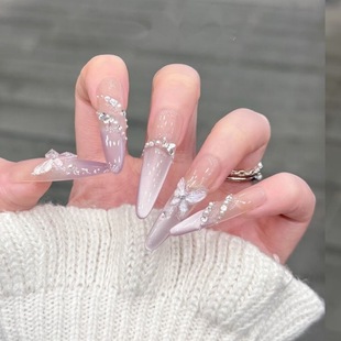 Spring Day Wear Armor Handmade Nail Art Flash Ice-permeable Three-dimensional Small Butterfly Gradient Cat's Eye Nail Art White and Removable