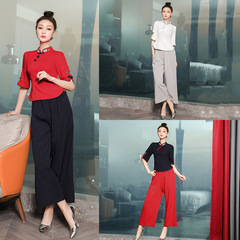 Chic Beauty Salon Women's Work Uniform with Chinese Style, Therapist Wear for Acupressure and Ear Cleaning, Cotton Linen Set Pants