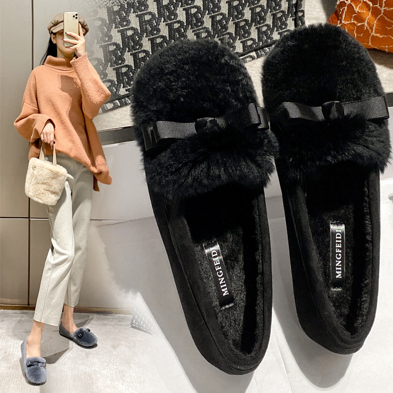 Otoño e Invierno estilo coreano terciopelo algodón desgaste exterior arco Rex zapatos de piel de conejo TOS mujeres planas más tamaño zapatos de mujer 41-43 image 1