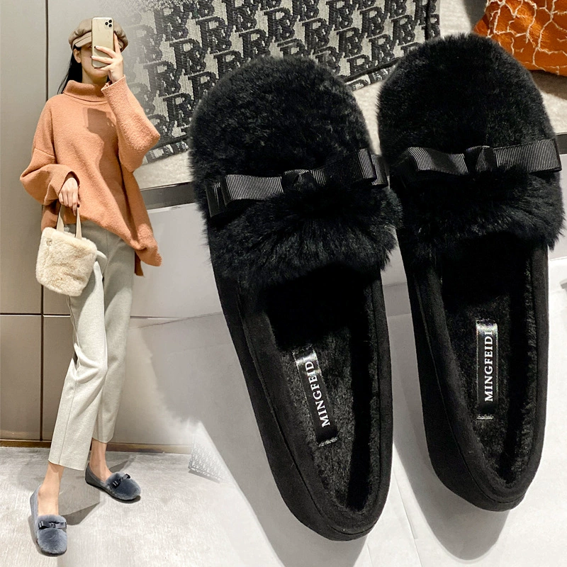 Осенне-зимняя Корейская версия хлопковой обуви с бантом из меха кролика рекс Обувь с бобами Женская обувь на плоской подошве больших размеров 41-43
