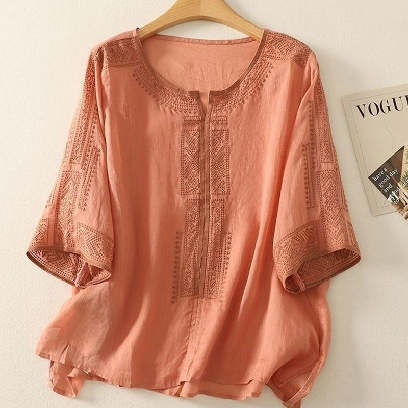 国风棉麻刺绣V领短袖T恤衫女夏季宽松显瘦中袖上衣文艺风大码女装
