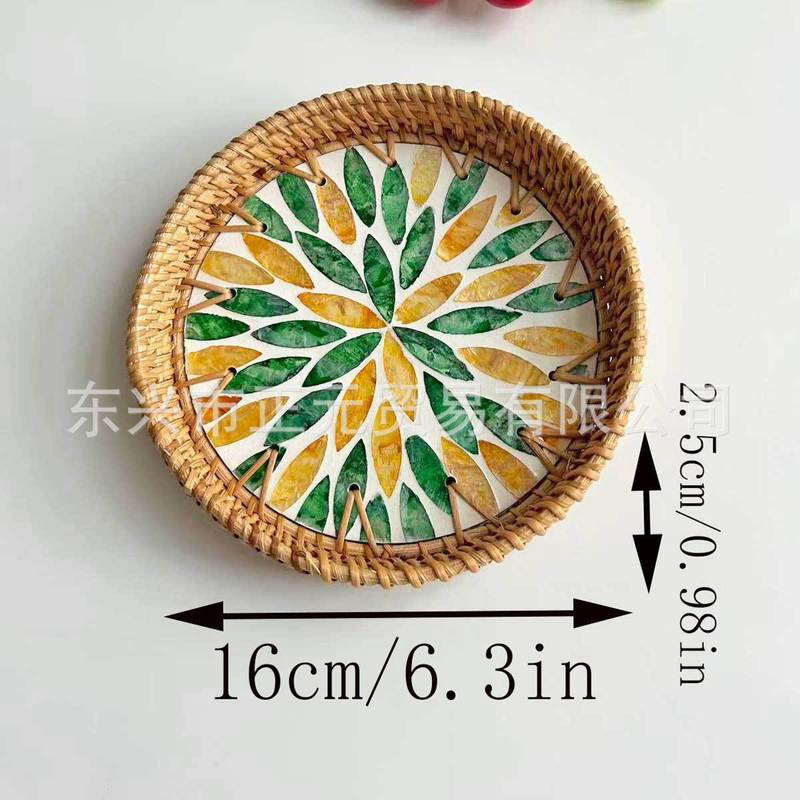 藤编贝壳托盘客厅零食收纳盘糕点茶盘圆形贝壳收纳托盘水果篮|undefined