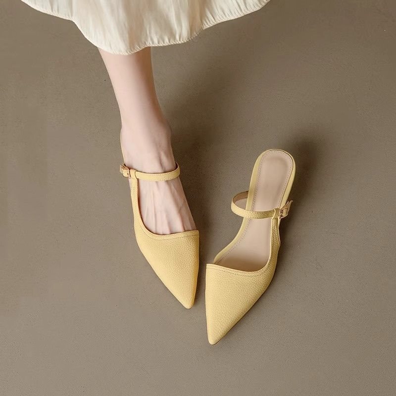 Mint Mambo Stylish Small Size 33 Soft Leather Ankle Strap Closed-Toe Mule Sandals for Women, Summer Outdoor Wear, Pointed Toe Kitten Heel Shoes