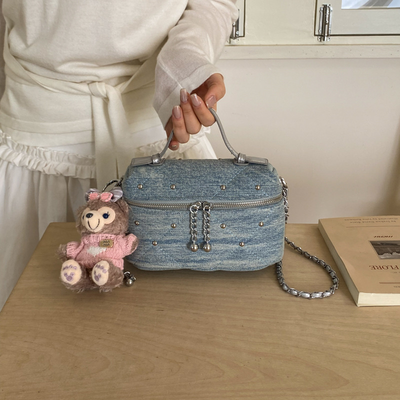 Jeans diamantes remaches mini bolso retrógrado estilo extranjero bolso de transporte diario personalidad de moda bolsa de viaje universal