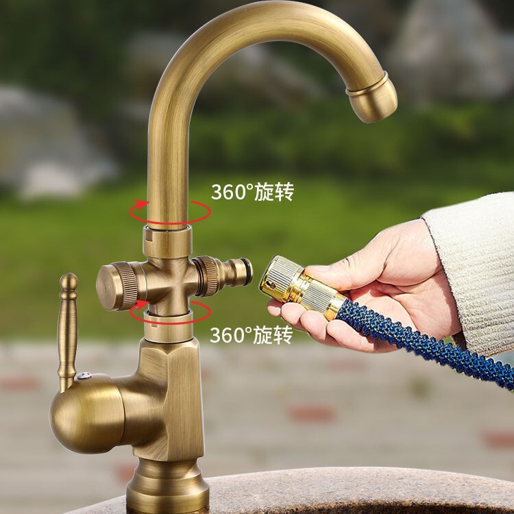 Cross-Border Wholesale Antique Kitchen Hot and Cold Sink Retro Indoor and Outdoor Pure Copper Faucet Bathroom Factory