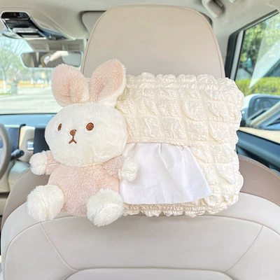 Car tissue box/set: Storage Armrest, Car Interior Decoration - brown-eared-white-rabbit-puff-tissue-box