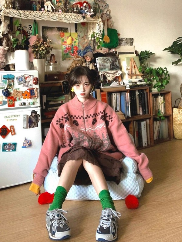 美式复古立领提花开衫毛衣男女秋冬费尔岛情侣针织衫外套|undefined