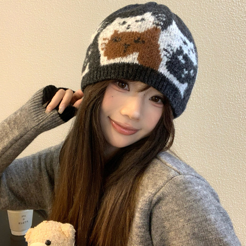 Cartoon Cat Embroidered Knitted Beanie for Girls - Autumn/Winter Fashion, Warm, Windproof, Ear Protection, Face-Smoothing Wool Hat