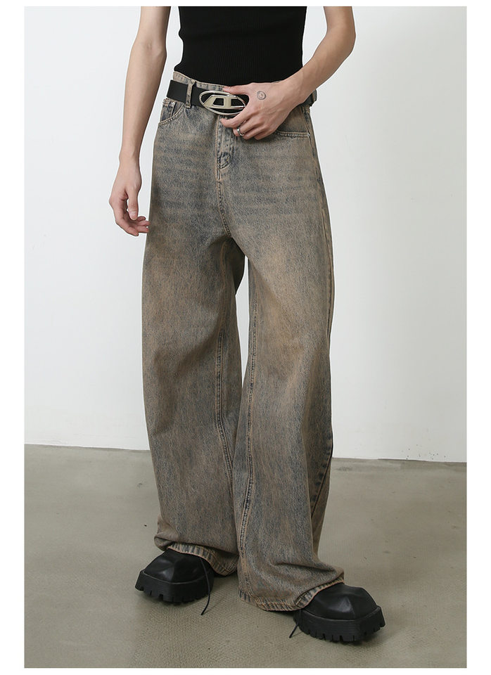Quần jeans nam ống rộng phong cách retro, dáng suông dài chạm gót, lưng cạp vừa — Vàng gỉ chi tiết 10