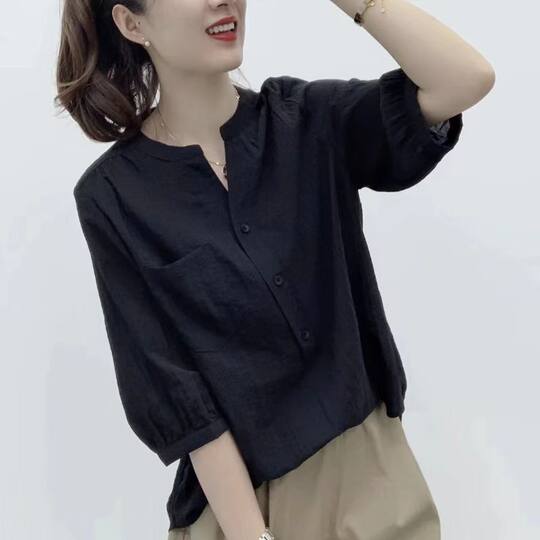薄款女士衬衫夏季新款设计感小众v领半袖衫上衣时尚宽松显瘦衬衣