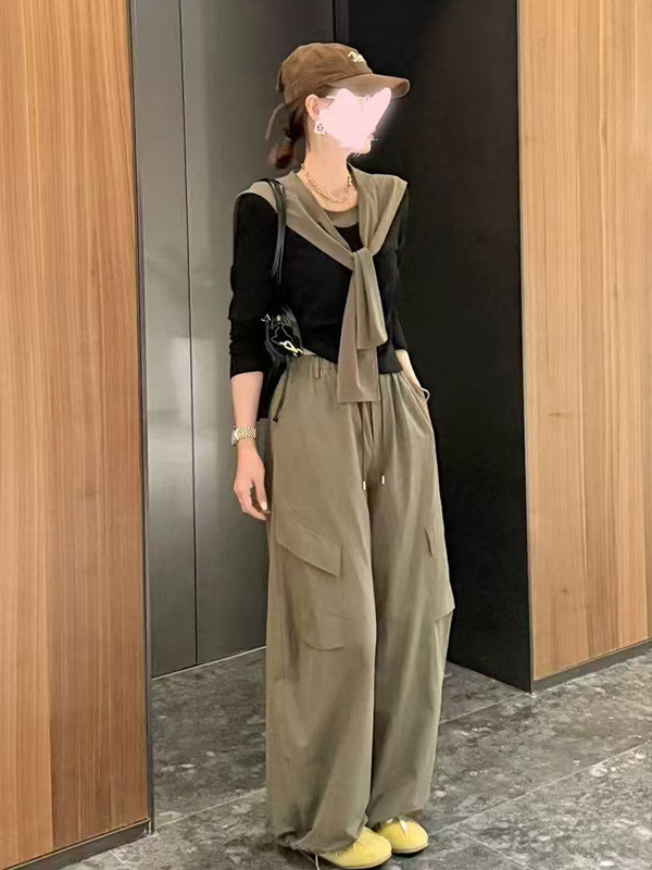 欧货休闲时尚套装女春秋设计感修身披肩长袖上衣阔腿工装裤三件套|undefined