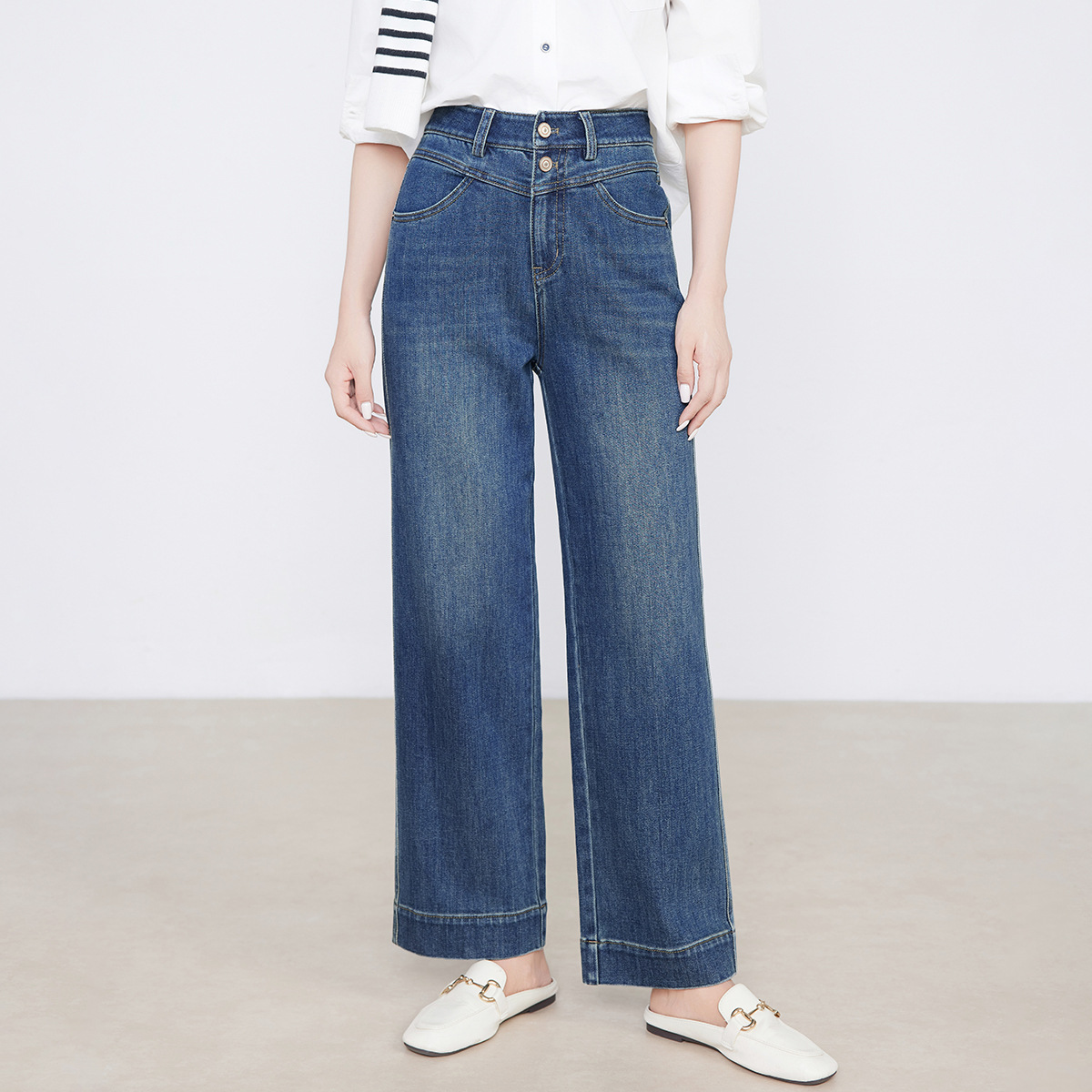 九分直筒裤女秋季2025新款双扣高腰显瘦弹力阔腿牛仔裤