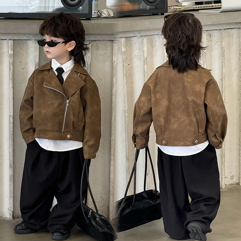 童装2025秋季新款皮夹克上衣儿童休闲时尚男童皮衣外套一件代发