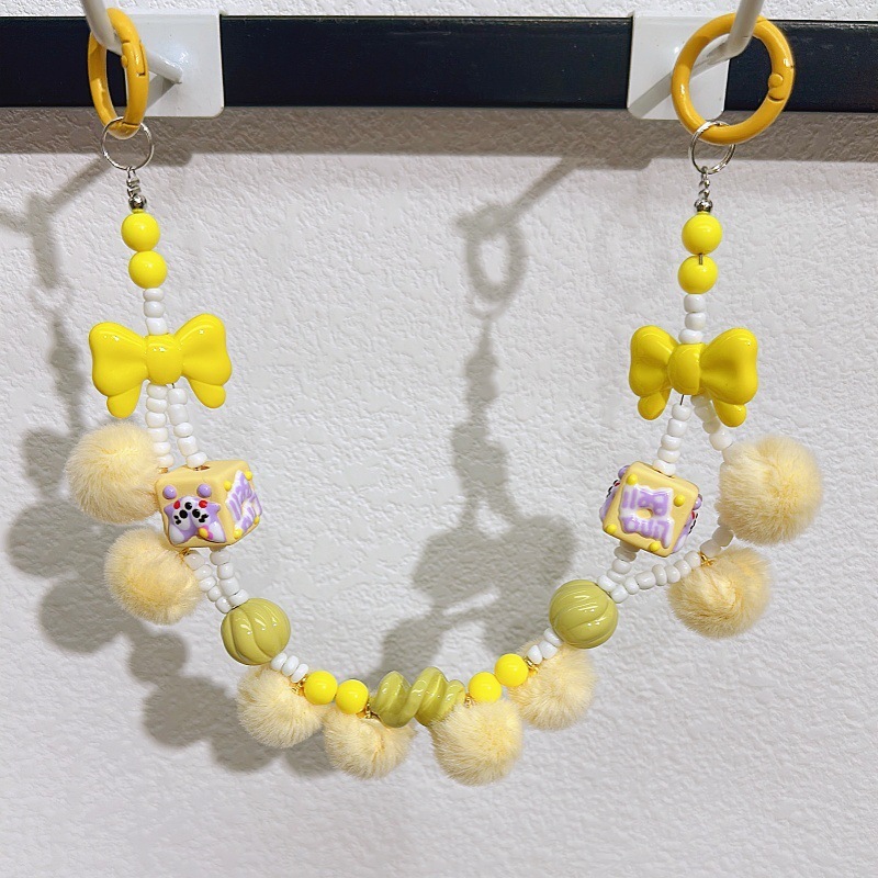 新しい毛玉手描きビーズ携帯チェーン米玉蝶結びストラップ太陽花アクセサリーバッグ飾り鍵|undefined