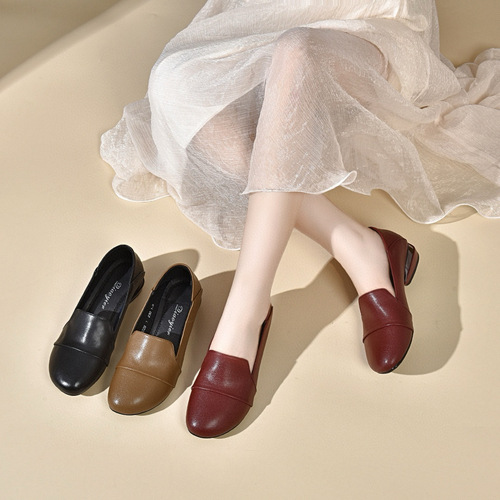 Autumn Minimalist Elegant Low-Heeled Round-Toe Flat Women's Work Shoes Soft Leather Simple Slip-On Women's All-Season Shoes