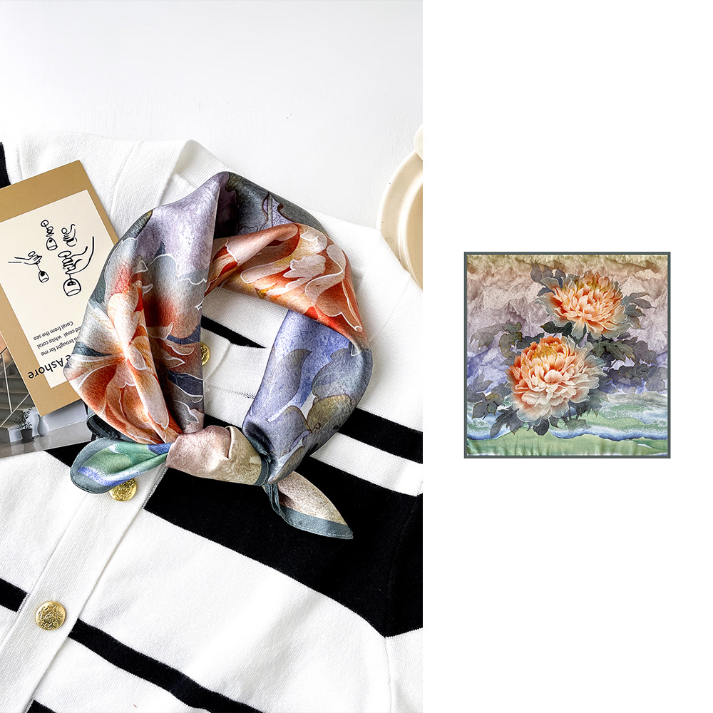 Premium Silk Satin Scarf Ethnic Style Cherry Print Square Neck Scarf Vintage Summer Silk Handkerchief For Women - Thumbnail 8