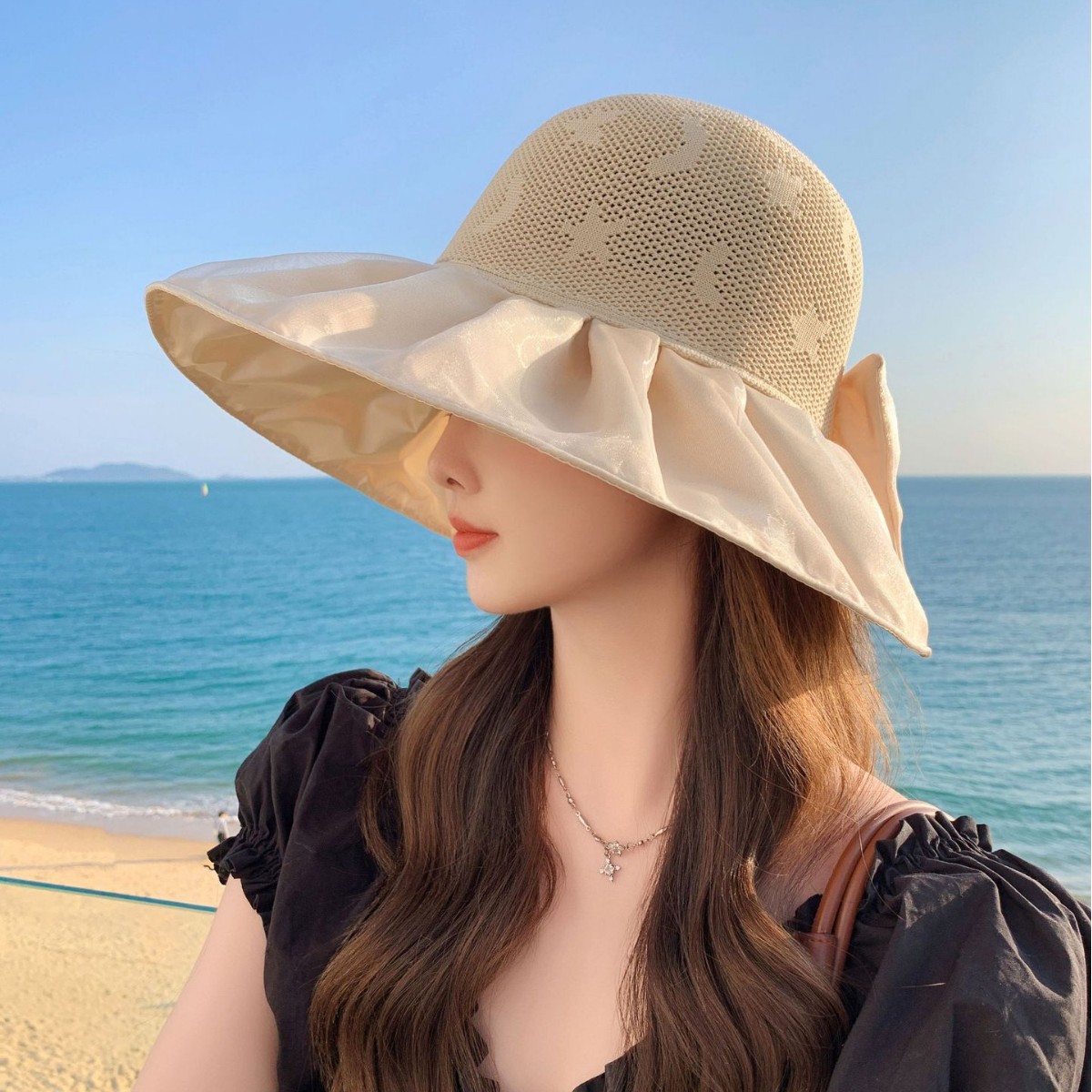 新款韓版夏季帽子女彩膠蝴蝶結防曬大沿帽甜美遮陽帽旅遊太陽帽