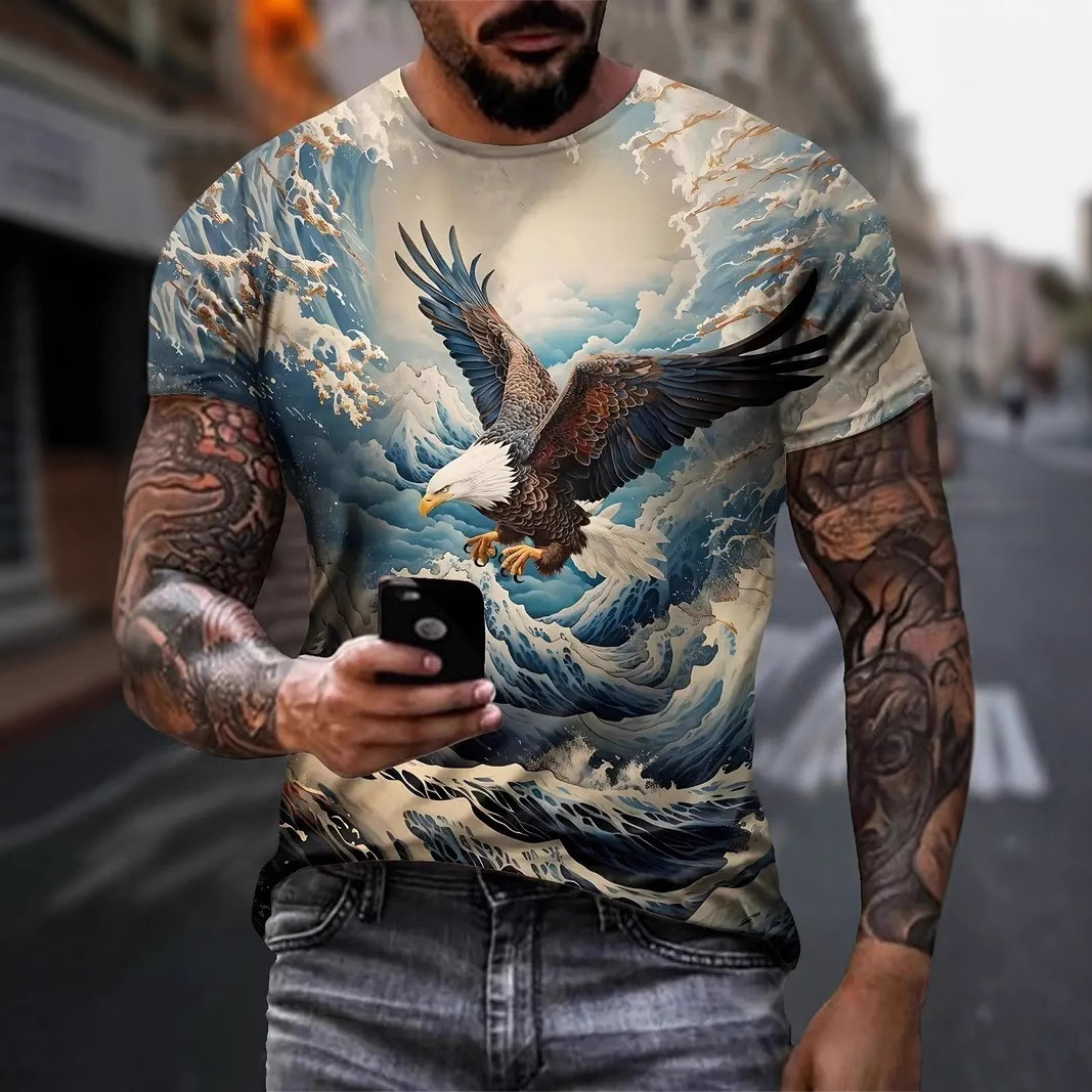 Tengyun Cross Sea Eagle 3D Printed Personalidad de verano para hombre Calle suelta y transpirable de manga corta con cuello redondo camiseta