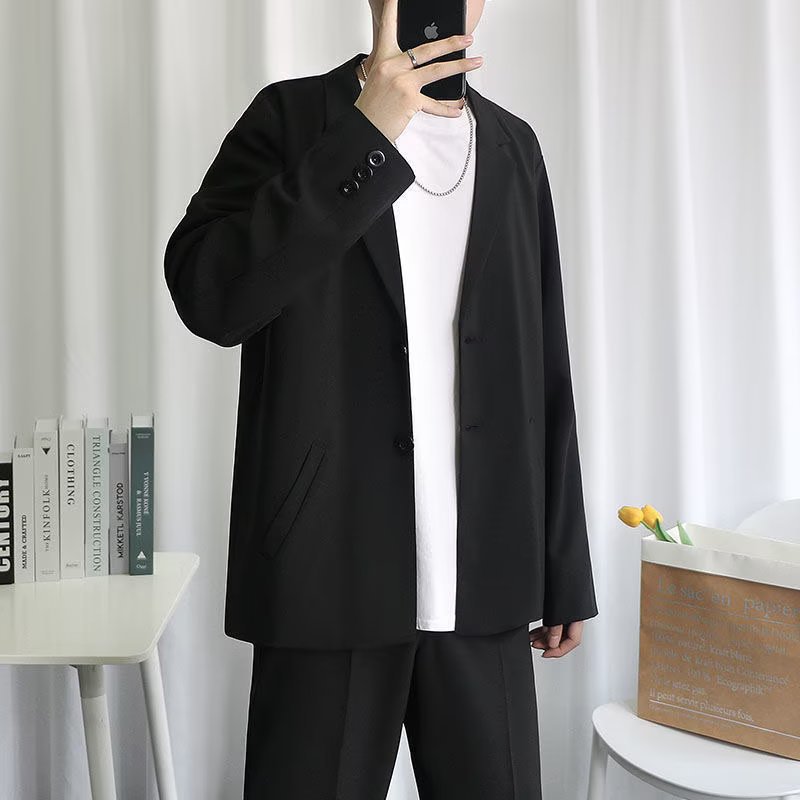 홍콩 스타일 노 아이언 정장 재킷 남성용 잘 생긴 한국 스타일 잘 생긴 캐주얼 작은 정장 정장 재킷 블랙