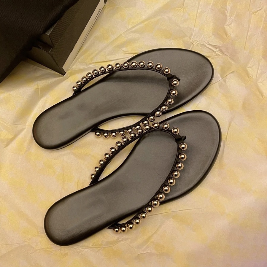 French Style Pearl Genuine Leather Flat Flip-Flops For Women, Outdoor Wear, Summer 2024 New Fashion Beach Toe-Post_vogvips.com