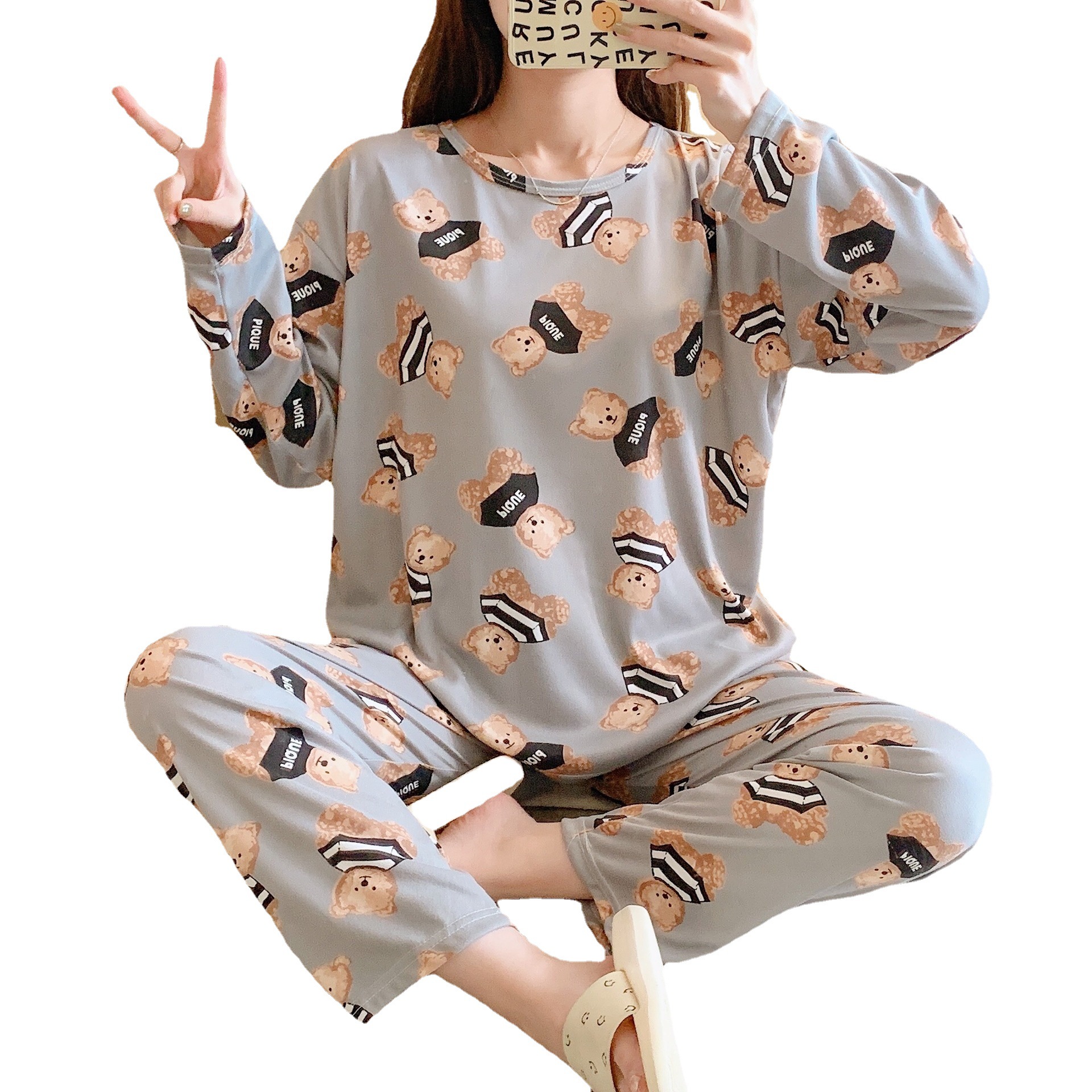Tallas grandes Otoño e Invierno pijamas de manga larga primavera y verano estudiante de dibujos animados lindo Pantalones de mujer casual traje de desgaste para el hogar