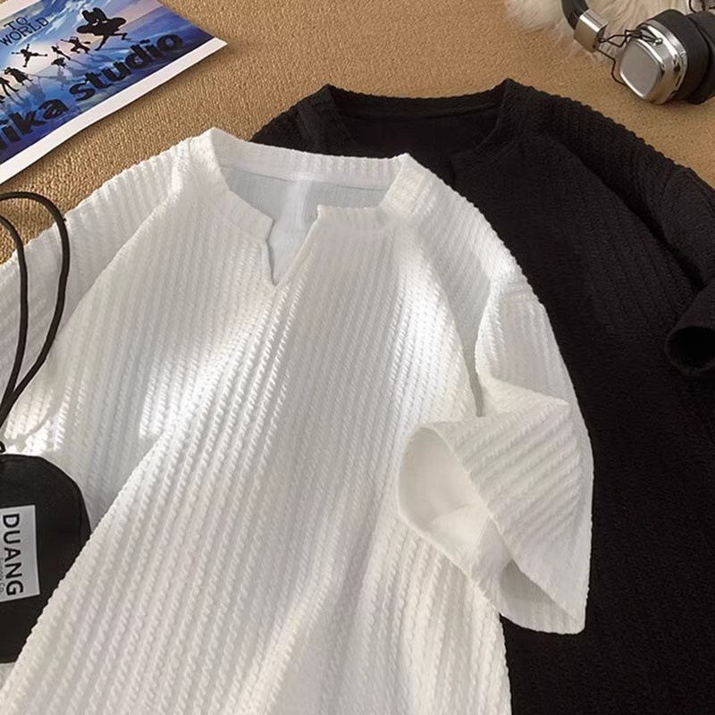 Textured V Neck Short-Sleeved T-Shirt for Men in Summer, High-End, Handsome Clothes, Loose, Trendyy and Versatile Half-Sleeved T-Shirt