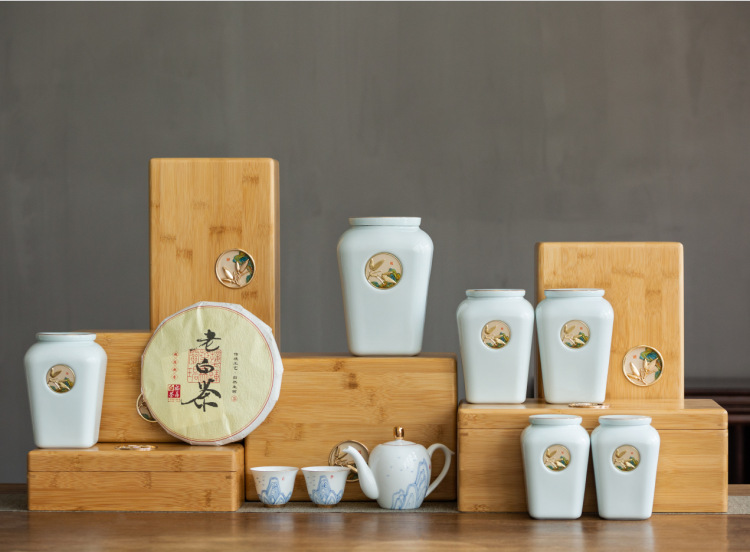 茶具新款高档茶叶瓷罐茶具包装盒空礼盒绿茶红茶陶瓷茶叶大号竹盒