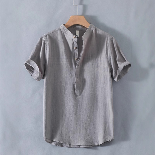Slim Fit Breathable Linen Men's Short-Sleeve High-End Chinese Stand Collar Top Summer Cotton-Linen T-Shirt Men's Polo Shirt