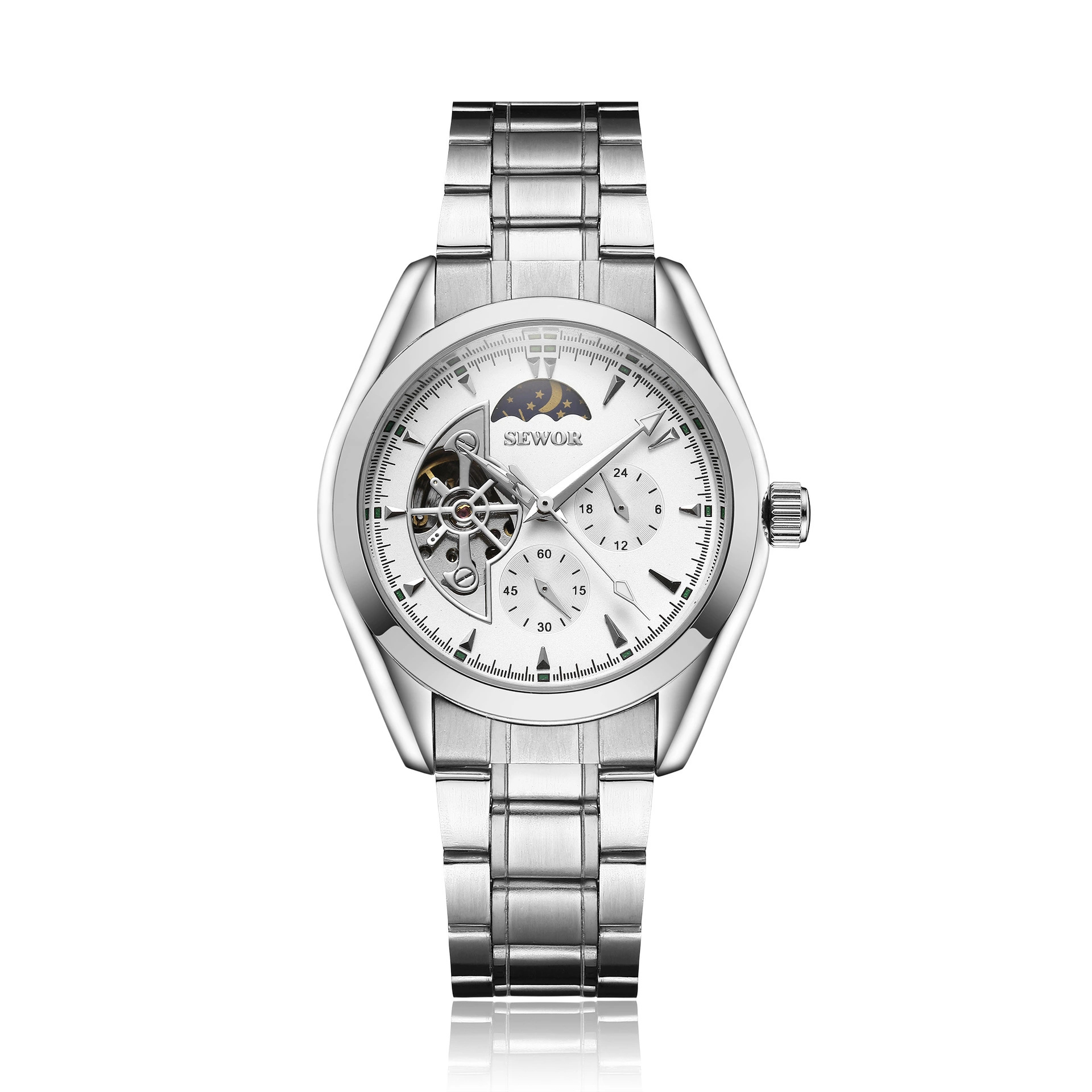 SEWOR reloj mecánico automático para hombre de aprendizaje diario Star Hollow personalidad multifuncional casual correa de acero reloj