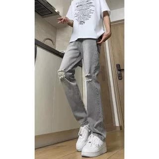 美式高街vibe膝盖破洞牛仔裤男款2025夏季复古潮牌直筒长裤男装潮