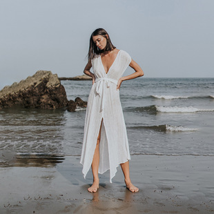 2025 Cross-Border European and American New Sexy Backless Beach Skirt V Neck Sleeveless Waist Strap Bikini Cover-Up Skirt