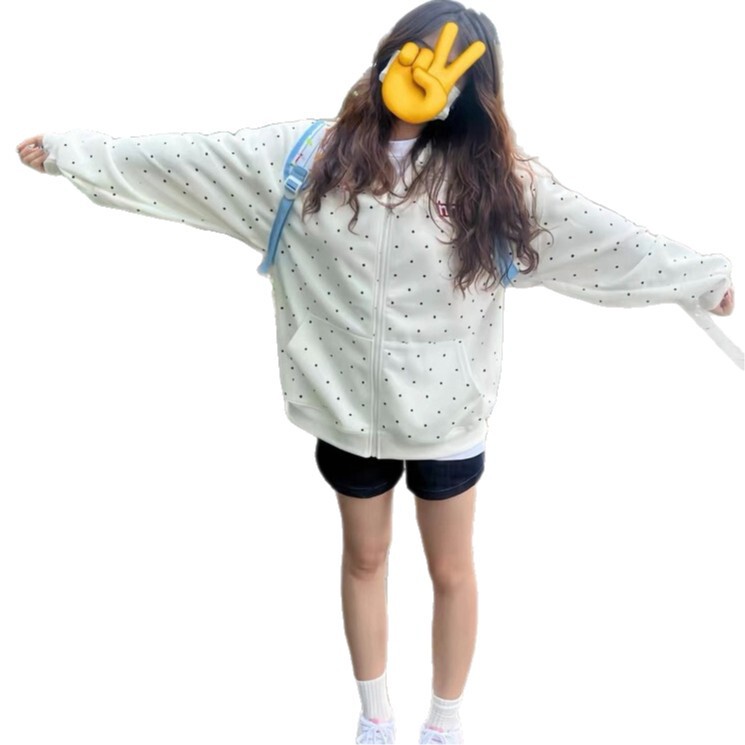 美式风拉链连帽卫衣女春秋大码胖mm穿搭休闲宽松长袖外套波点上衣|undefined