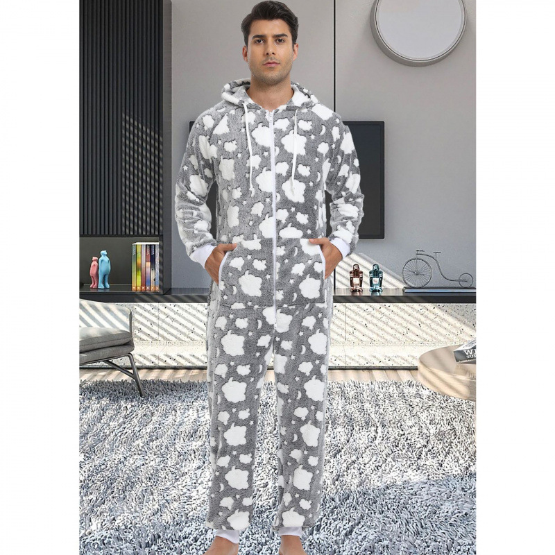 2024 New Cross-Border Factory Supply Men's Flannel Cloud Print Hooded One-Piece Pajamas Home Clothes