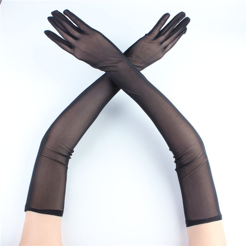 55cm Slim Fit Long Sleeve Elastic Mesh Gloves for Women, Thin Sunscreen Fashion Dress Pair with Sexy Suit Accessories