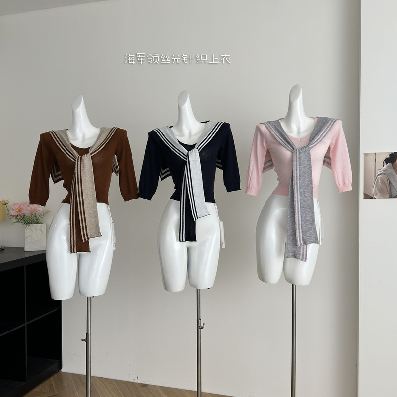 Tokyo Night Ferry Navy Collar Mercerized Wool Knitted Top Two Colors