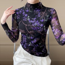 东南亚欧洲站2025秋装新款半高领长袖印花t恤女时尚修身打底衫潮