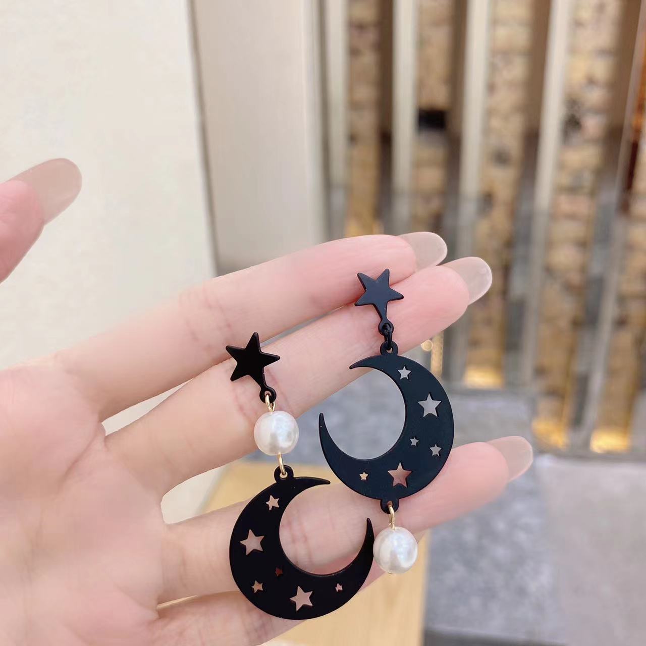 Pearl, Plating Design Fashion Star Moon Metal Pearl Plating Women's Drop Earrings 1 Pair