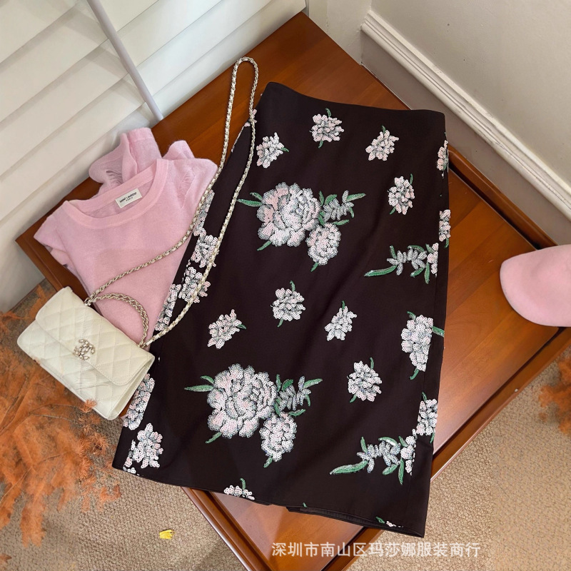 25早秋新款女装小众优雅大方气质百搭高腰亮片花朵中长款女半身裙|undefined