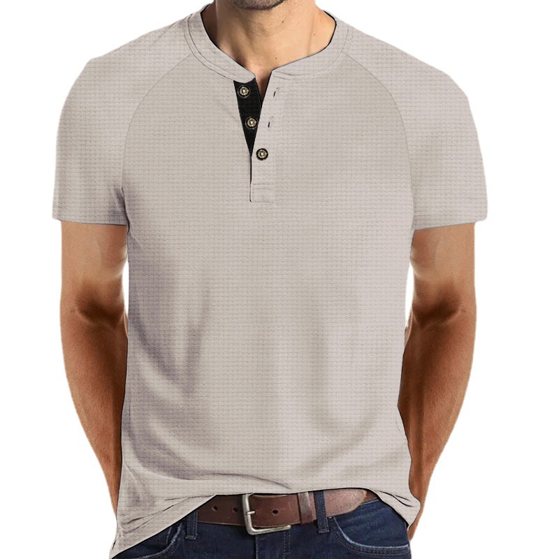Summer New Waffle Breathable Short Sleeve T-shirt European and American Men's Short Sleeve Round Neck Button Polo_voghion.com