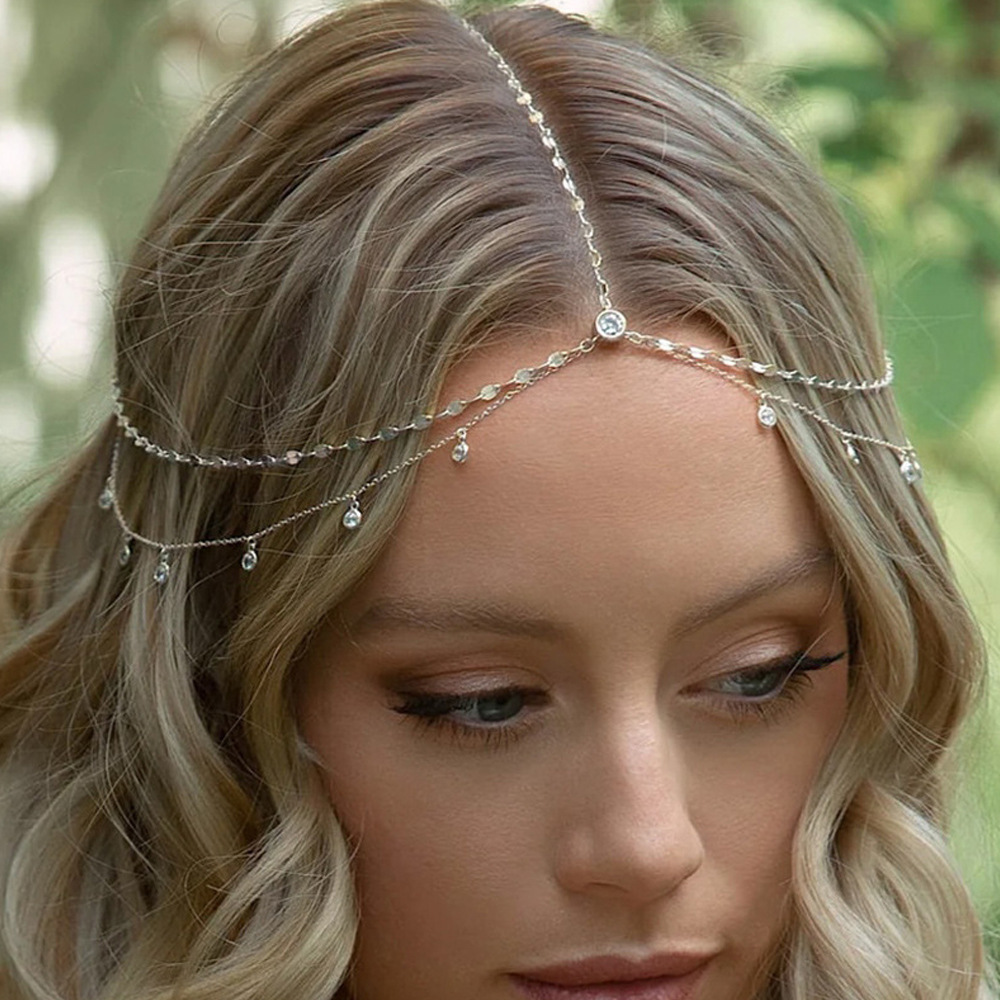 Cross-Border Trendy Rhinestone Hair Chain, Simple Bohemian Style, European and American Elegant Bridal Wedding Forehead Chain, Festival Headpiece