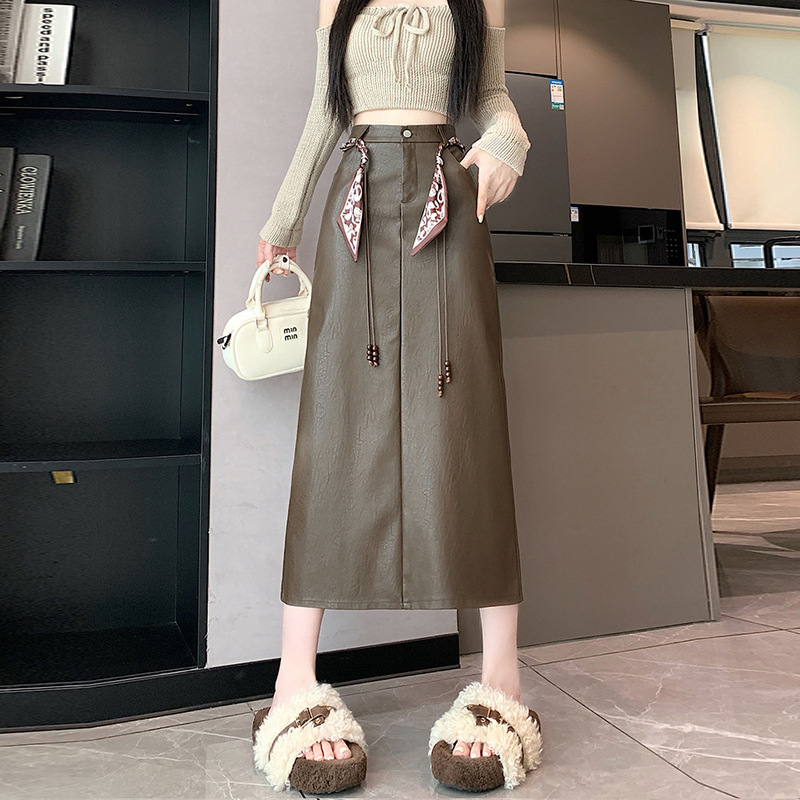 黑色皮裙半身裙女秋冬长款后开叉包臀直筒一步裙高腰显瘦a字半裙|undefined
