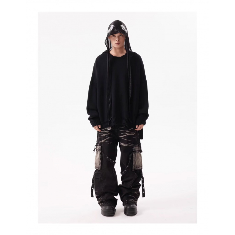 Pantalones cargo rectos holgados y resistentes con múltiples bolsillos, con cordones y diseño retro ondulado para hombre_voghion.com