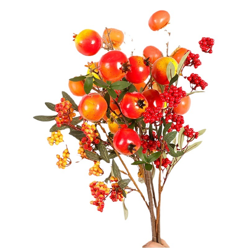 Fu Cubo de Año Nuevo snack flor material al por mayor flor artificial Holly eucalipto Granada caqui Año Nuevo snack flor Fu cubo material de bricolaje