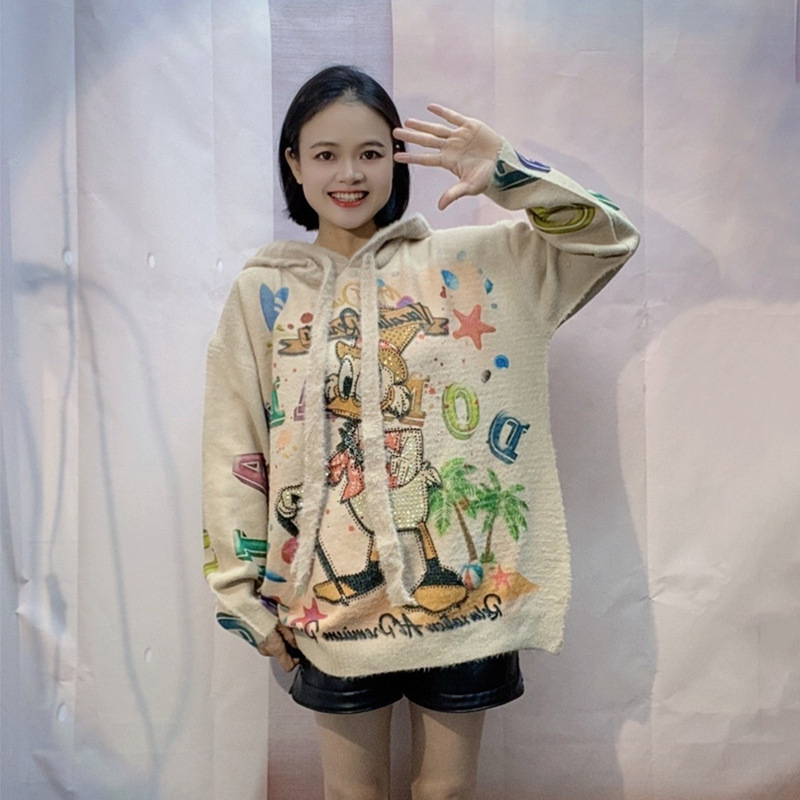 High-end plus size mink cashmere sweater women's heavy-duty rhinestone printed hooded thickened loose soft waxy long-sleeved knitted top