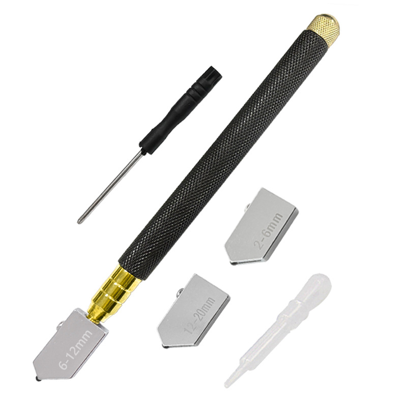 Juego de cuchillos de vidrio al por mayor de fábrica, cuchillo de vidrio engrasado, mango negro, cuchillo de corte de espejo, cabezal de corte de azulejos